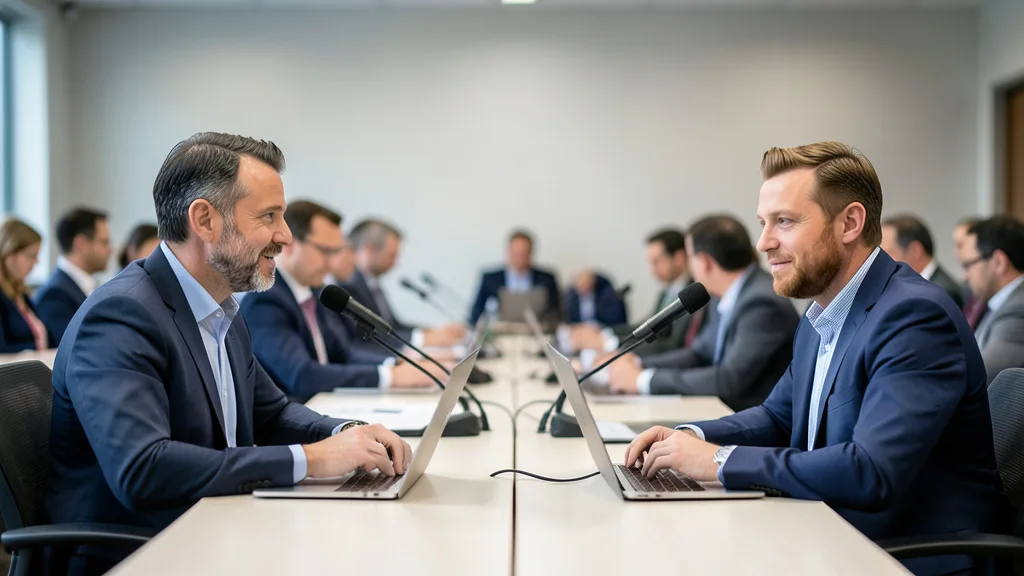 Imagem gerada por IA: Representações de Sam Altman e Elon Musk em lados opostos de uma mesa numa conferência de tecnologia.