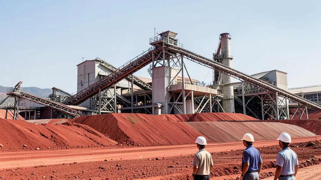 Imagem gerada por IA: Complexo industrial de mineração e produção de pelotas de minério de ferro em Minas Gerais.
