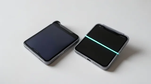 Imagem gerada por IA: Dois celulares dobráveis sobre uma mesa, um deles com uma linha clara na tela.