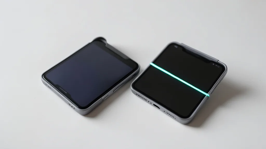 Imagem gerada por IA: Dois celulares dobráveis sobre uma mesa, um deles com uma linha clara na tela.