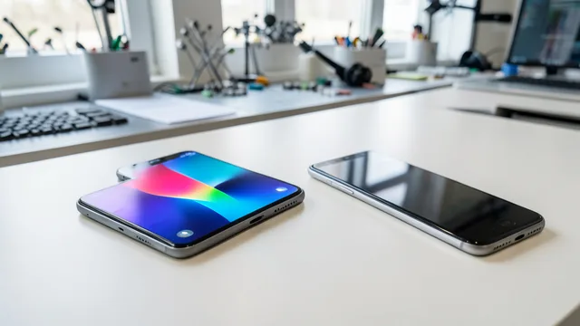 Imagem gerada por IA: Celulares sem marcas exibem telas com cores e brilho diferentes sobre uma bancada.