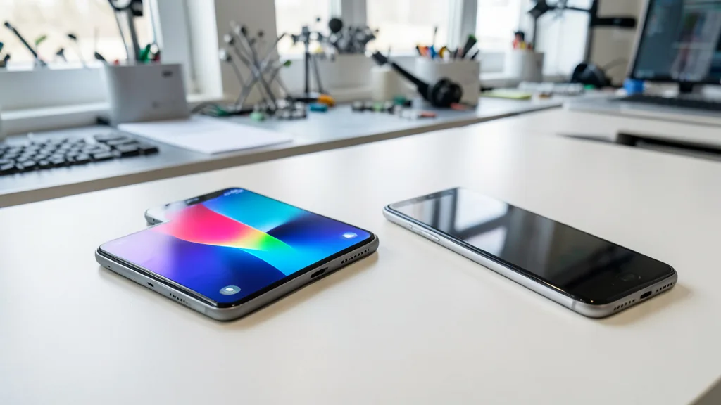 Imagem gerada por IA: Celulares sem marcas exibem telas com cores e brilho diferentes sobre uma bancada.