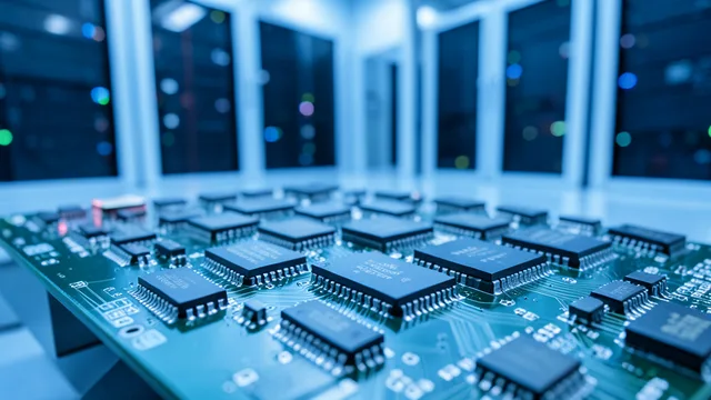 Imagem gerada por IA: Chips de memória em uma placa de circuito, com servidores desfocados ao fundo.