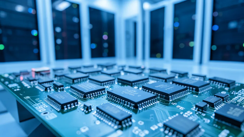 Imagem gerada por IA: Chips de memória em uma placa de circuito, com servidores desfocados ao fundo.