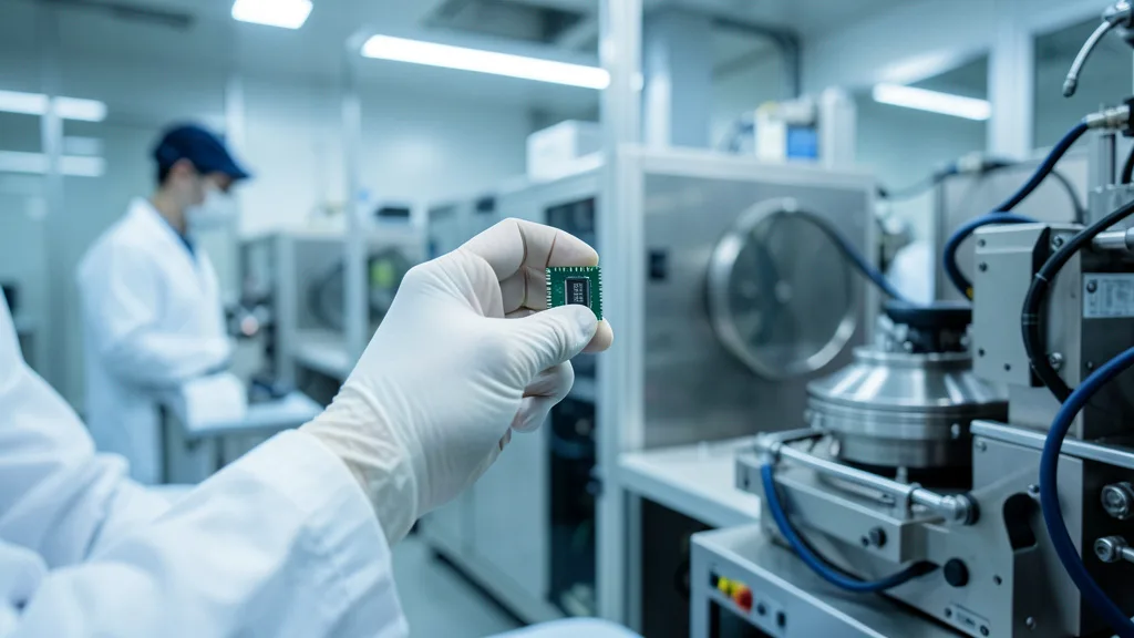 Imagem gerada por IA: Técnico inspeciona um chip de memória em uma fábrica de semicondutores.