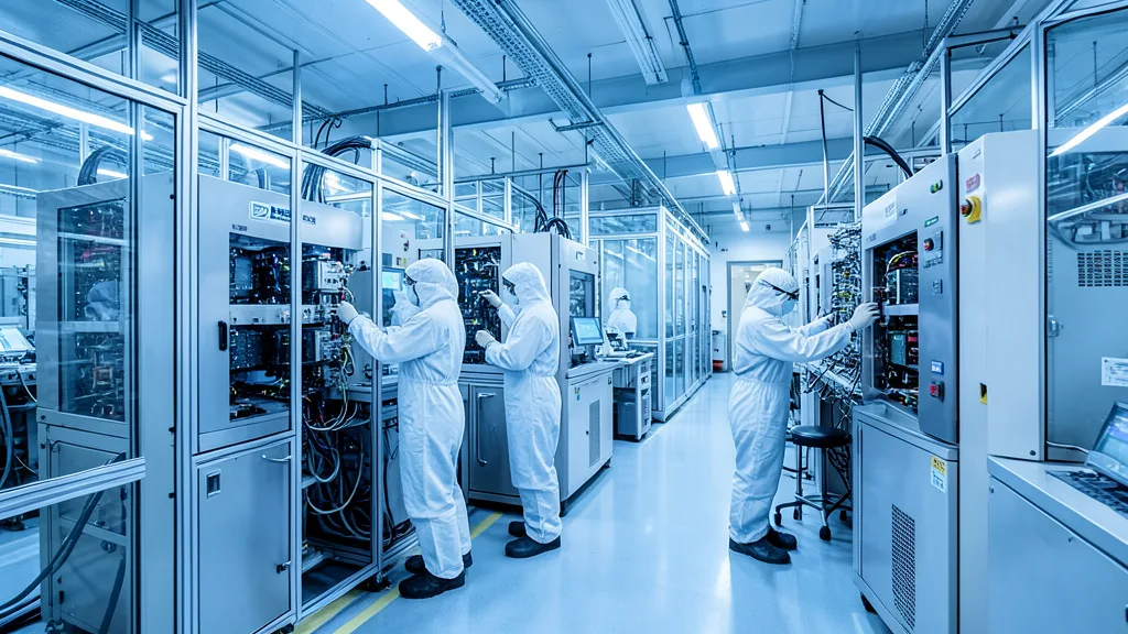 Imagem gerada por IA: Técnicos trabalham em uma fábrica de semicondutores na Coreia do Sul.