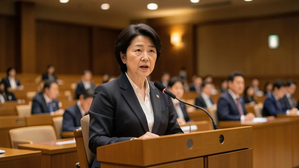 Imagem gerada por IA: Política japonesa fala em uma tribuna no Parlamento, com outros parlamentares ao fundo.