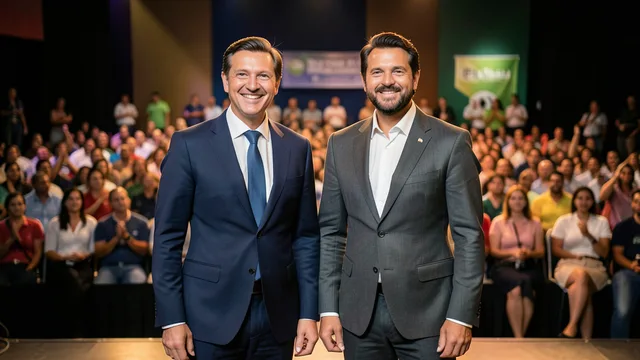 Imagem gerada por IA: Dois políticos eleitos para o Senado aparecem juntos em um evento público, diante de uma plateia desfocada.