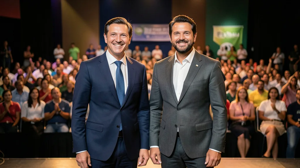 Imagem gerada por IA: Dois políticos eleitos para o Senado aparecem juntos em um evento público, diante de uma plateia desfocada.