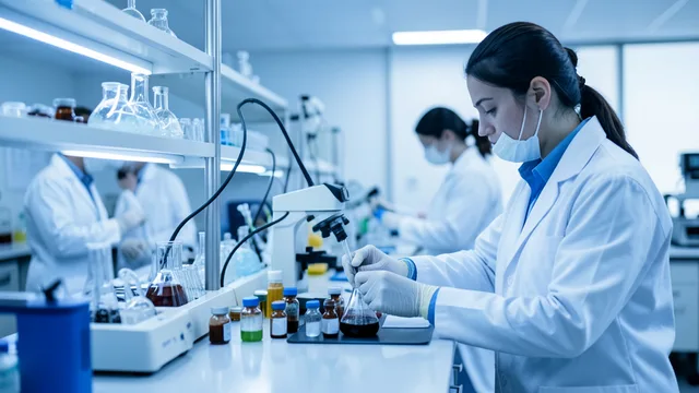 Pesquisadores trabalham com amostras em um laboratório farmacêutico moderno.