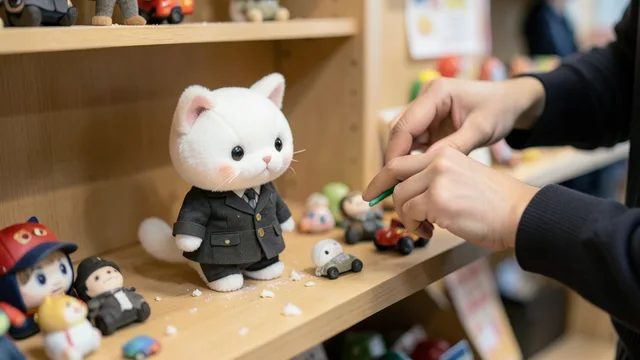 Imagem gerada por IA: Pelúcia de gato com roupa de espião ao lado de uma prateleira de produtos sendo desmontada.