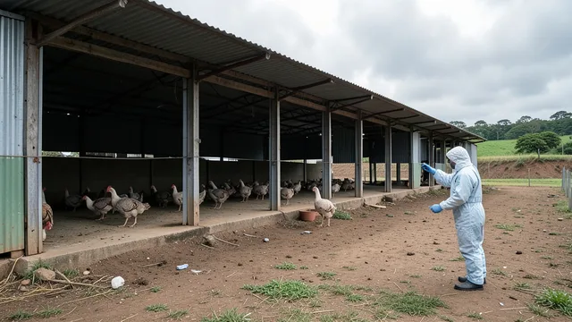 Imagem gerada por IA: Veterinário com roupa de proteção inspeciona o exterior de uma granja de perus.