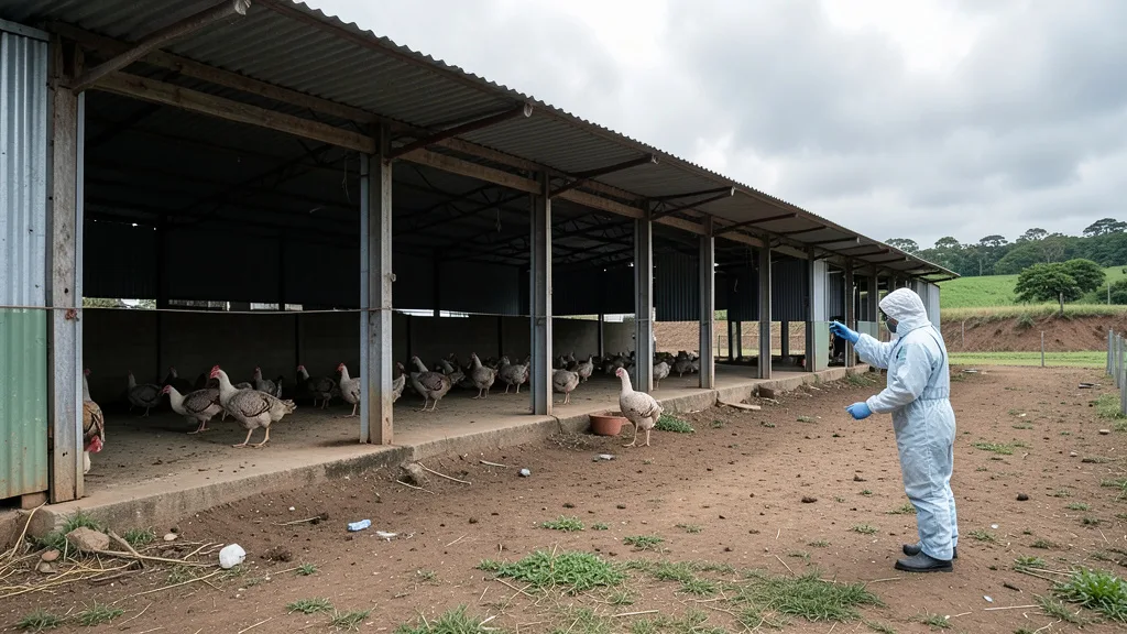 Imagem gerada por IA: Veterinário com roupa de proteção inspeciona o exterior de uma granja de perus.