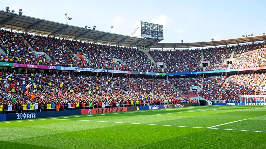 Imagem gerada por IA: Torcedores ocupam as arquibancadas de um estádio durante uma partida de futebol.