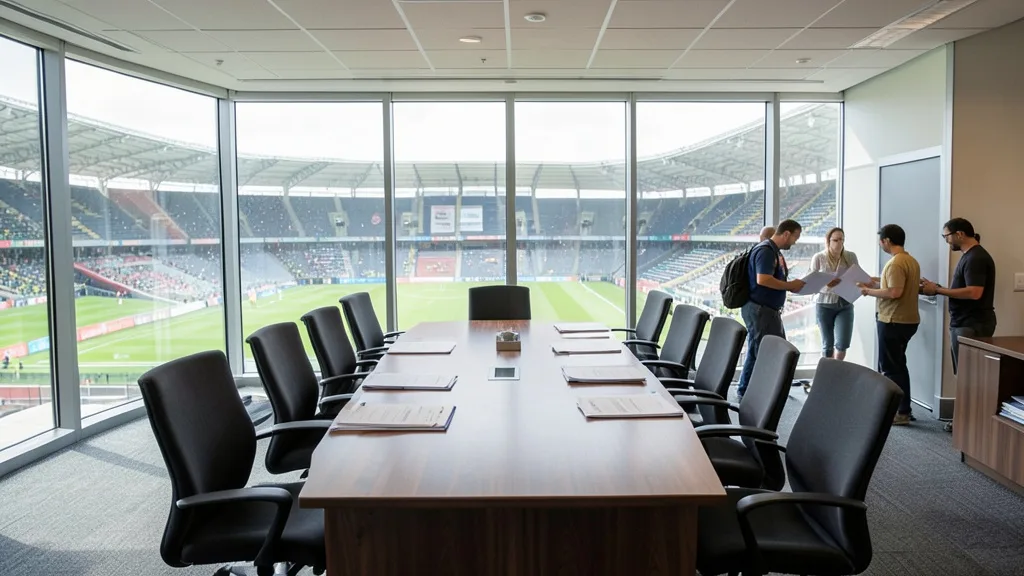 Imagem gerada por IA: Conselheiros discutem documentos em uma sala com vista para um estádio de futebol.
