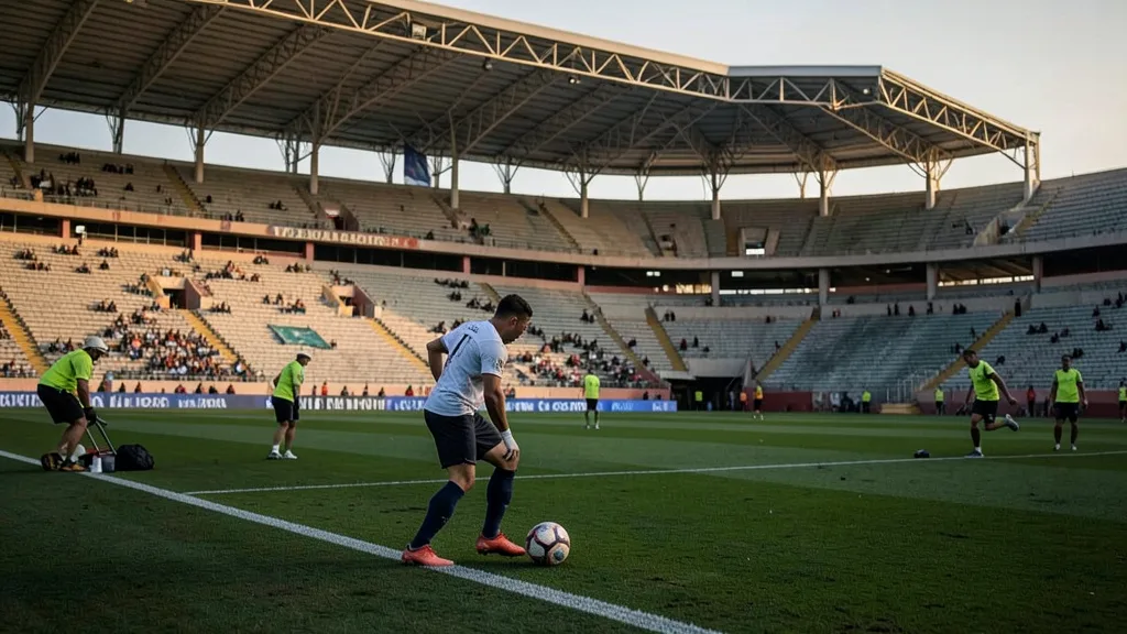 Imagem gerada por IA: Jogador treina com a bola no gramado da Vila Belmiro, com as arquibancadas ao fundo.