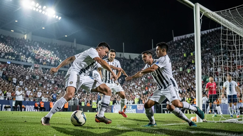 Imagem gerada por IA: Jogadores disputam a bola em uma partida de futebol diante de arquibancadas cheias.