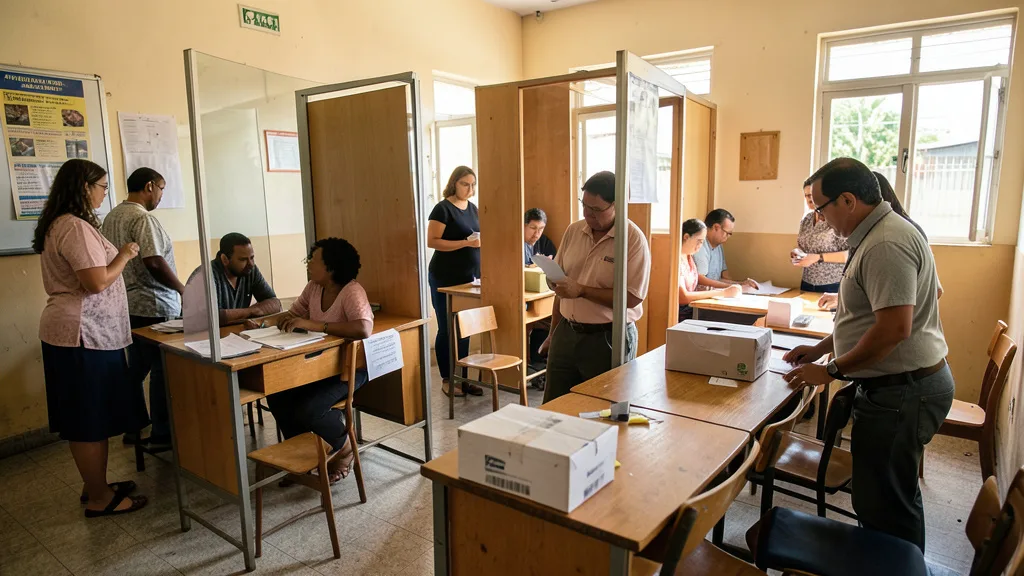 Imagem gerada por IA: Urnas eletrônicas e cabines de votação em uma seção eleitoral brasileira.