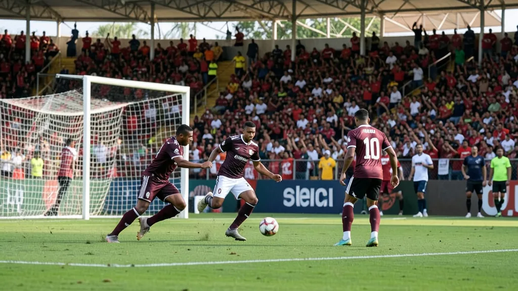 Imagem gerada por IA: Jogadores disputam a bola em uma partida de futebol em estádio lotado.