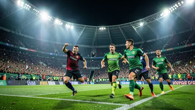 Imagem gerada por IA: Jogador comemora um gol com os companheiros em um estádio de futebol lotado.