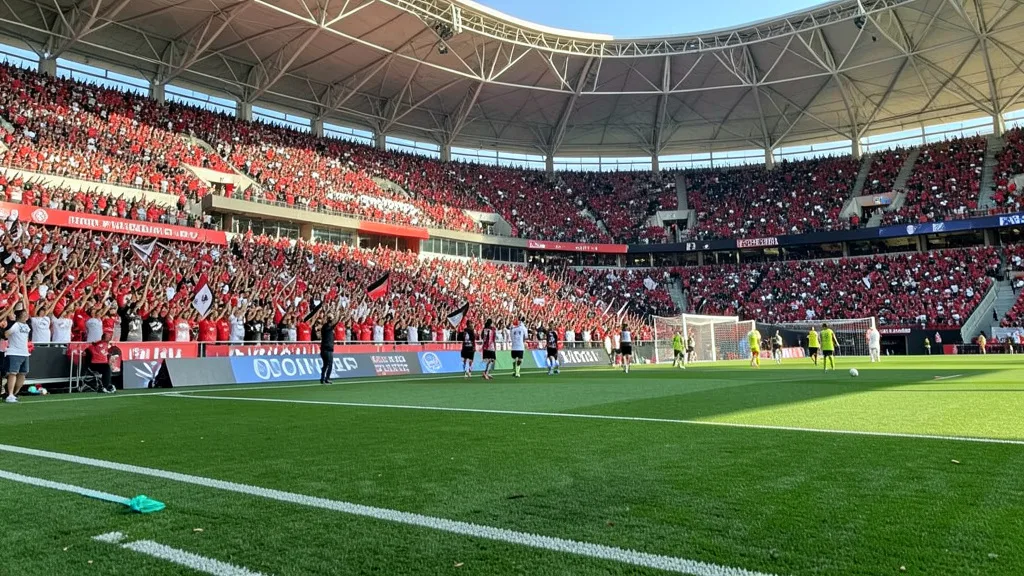 Estádio lotado antes de uma final de futebol feminino, com torcedores nas arquibancadas e atletas aquecendo ao fundo.