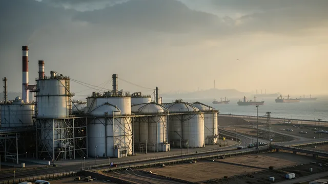 Imagem gerada por IA: Tanques de armazenamento de petróleo em um terminal costeiro, com navios-tanque ao fundo.