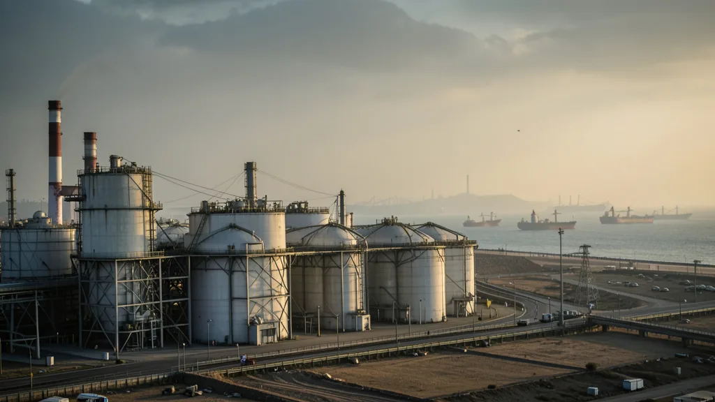 Imagem gerada por IA: Tanques de armazenamento de petróleo em um terminal costeiro, com navios-tanque ao fundo.