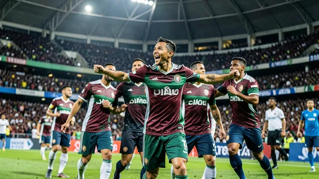Imagem gerada por IA: Jogadores do Fluminense comemoram um gol no Maracanã durante a partida contra o Coritiba.