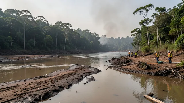 Imagem gerada por IA: Margens expostas de um rio amazônico durante a seca, com fumaça ao fundo e brigadistas se preparando junto à floresta.