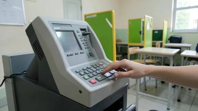 Imagem gerada por IA: Mão de eleitor diante de urna eletrônica em uma seção de votação.
