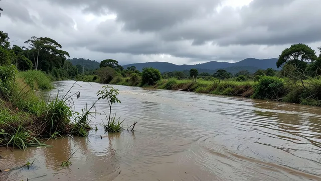 Água de inundação cobre uma estrada rural no Rio Grande do Sul sob céu nublado.