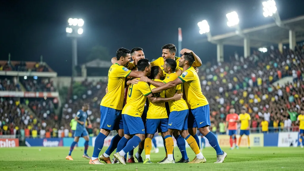 Jogadores do Brasil comemoram um gol durante amistoso em estádio de Calcutá.