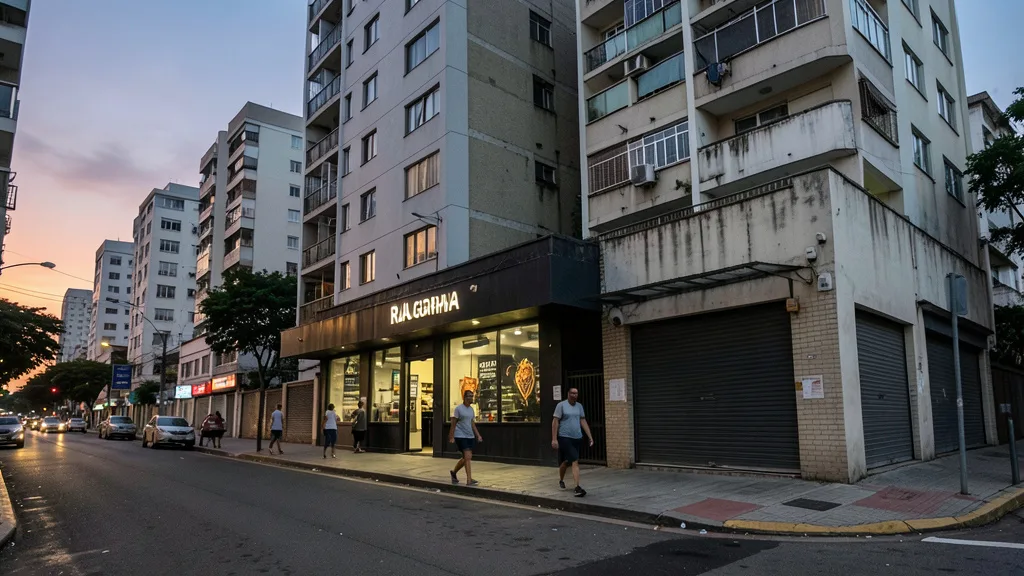 Rua Augusta ao entardecer, com uma antiga entrada de casa noturna e prédios residenciais em construção.