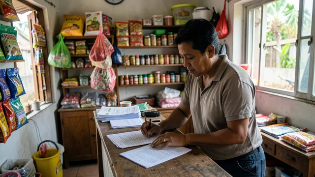Imagem gerada por IA: Pequeno empreendedor confere documentos no balcão de um comércio.