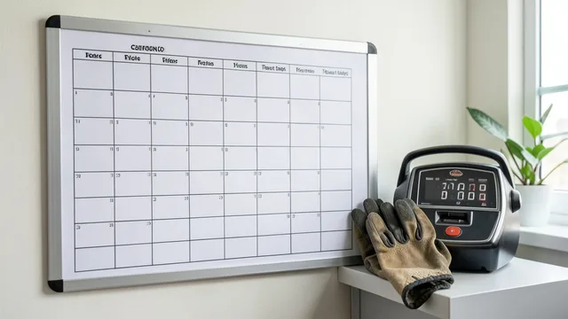 Imagem gerada por IA: Relógio de ponto e luvas de trabalho ao lado de um calendário sem marcações.