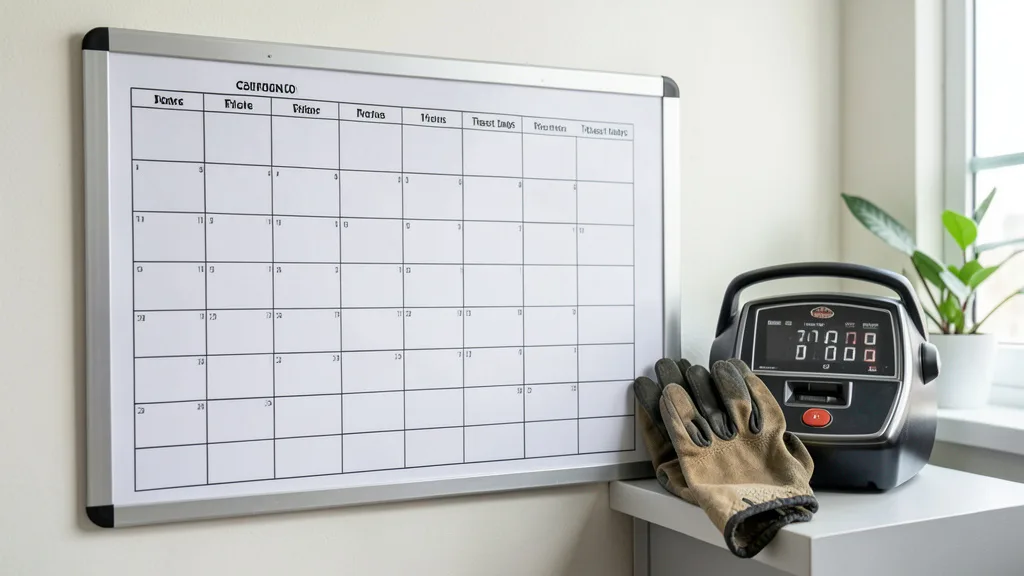 Imagem gerada por IA: Relógio de ponto e luvas de trabalho ao lado de um calendário sem marcações.