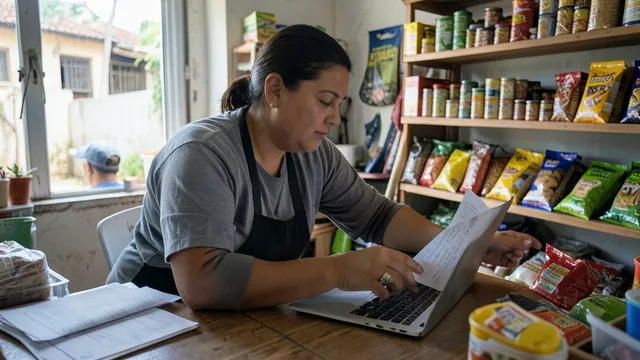 Imagem gerada por IA: Microempreendedor organiza produtos e analisa documentos em seu pequeno negócio.