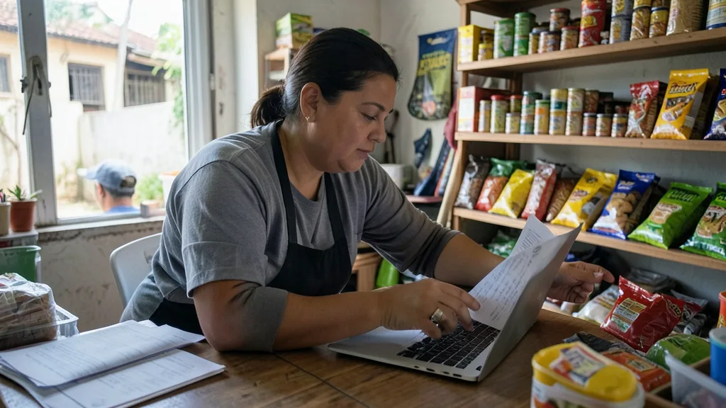 Imagem gerada por IA: Microempreendedor organiza produtos e analisa documentos em seu pequeno negócio.
