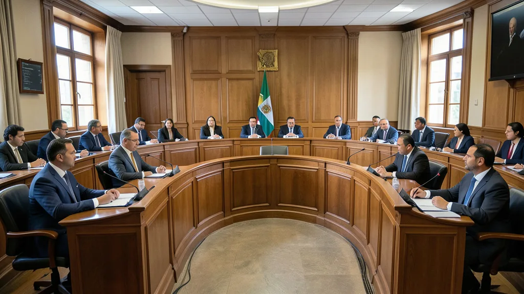 Imagem gerada por IA: Sessão em uma câmara legislativa, com parlamentares reunidos e um orador à frente.