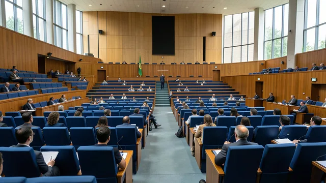 Imagem gerada por IA: Plenário do Senado preparado para uma sessão de debate sobre a PEC da escala 6x1.