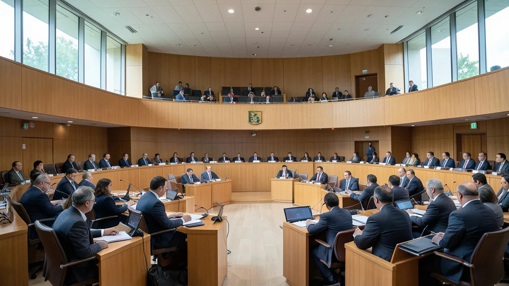 Imagem gerada por IA: Senadores reunidos no plenário durante uma sessão de votação.