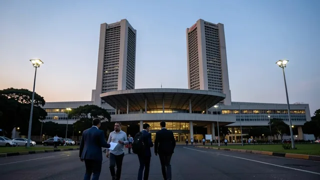 Imagem gerada por IA: Congresso Nacional em Brasília ao entardecer, com parlamentares caminhando em direção ao prédio do Senado.