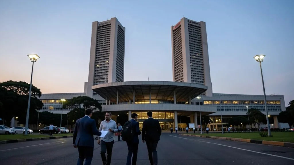 Imagem gerada por IA: Congresso Nacional em Brasília ao entardecer, com parlamentares caminhando em direção ao prédio do Senado.