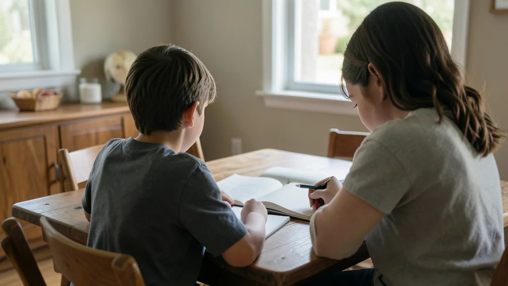 Um adulto e uma criança estudam juntos à mesa em um ambiente doméstico.