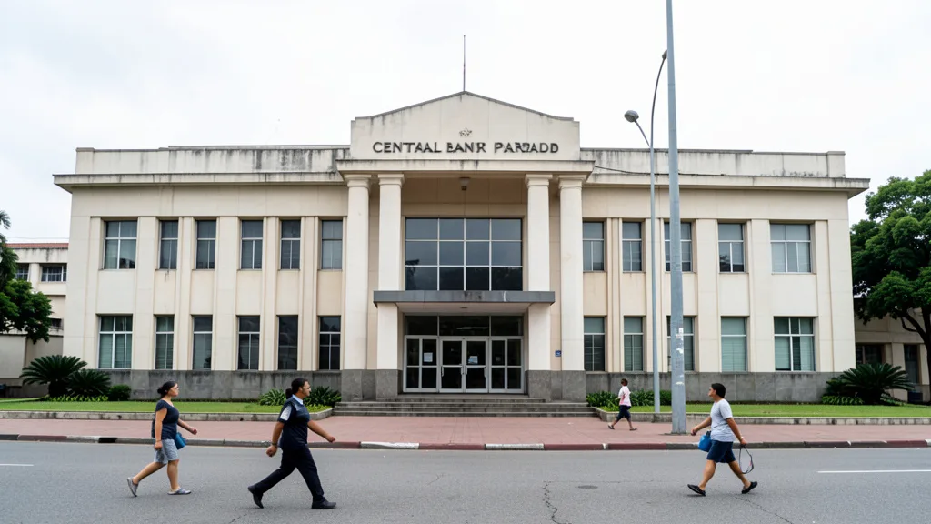 Imagem gerada por IA: Fachada do Banco Central do Paraguai em Assunção, com pedestres passando diante do edifício.