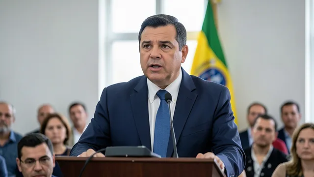 Imagem gerada por IA: Sergio Moro fala em um evento público, com uma bandeira do Paraná ao fundo.