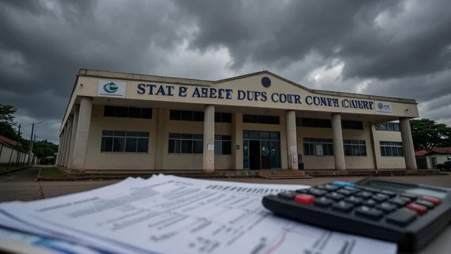 Imagem gerada por IA: Prédio de um tribunal de contas ao fundo e documentos financeiros desfocados em primeiro plano.