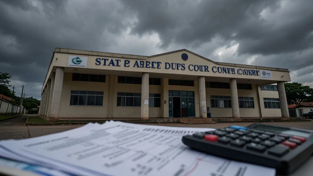 Imagem gerada por IA: Prédio de um tribunal de contas ao fundo e documentos financeiros desfocados em primeiro plano.