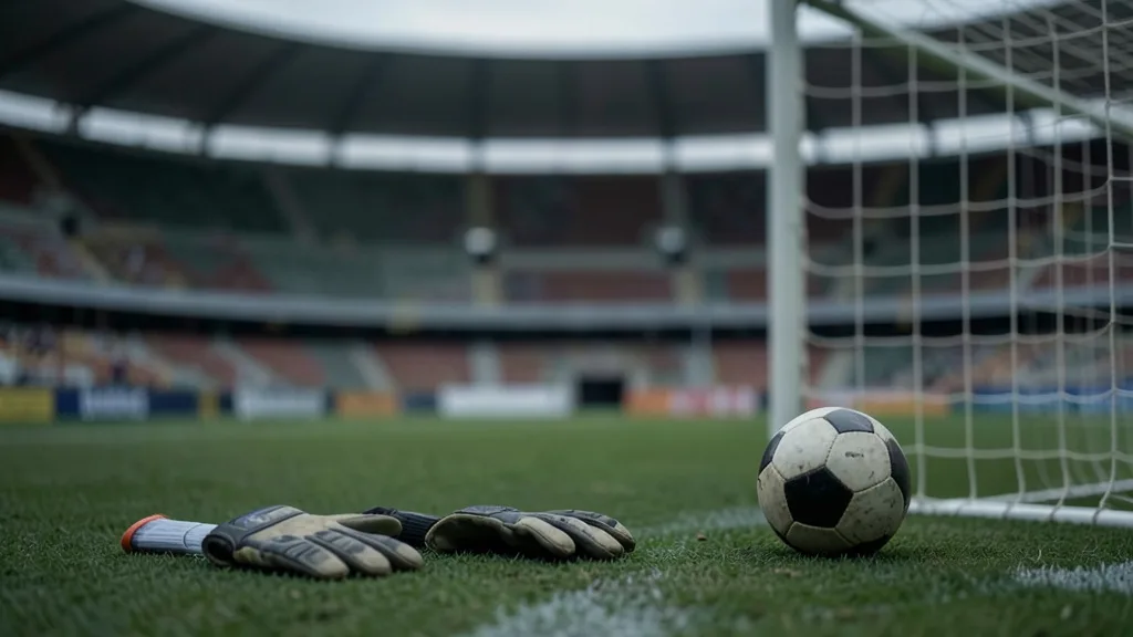 Imagem gerada por IA: Luvas e bola perto da linha do gol em um estádio de futebol vazio.
