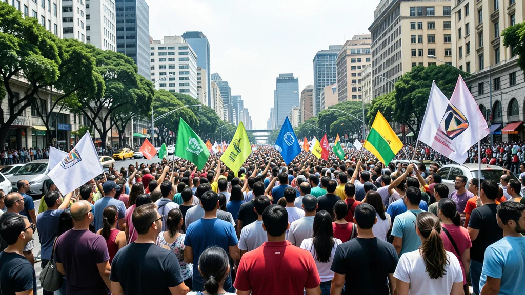Imagem gerada por IA: Manifestantes ocupam a avenida Paulista durante um ato político em São Paulo.